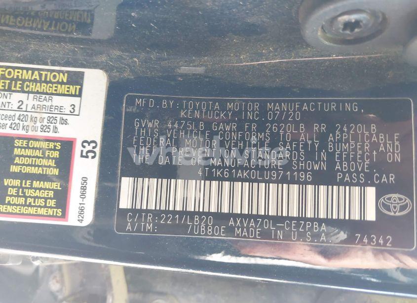 Photo 9 of 2020 Toyota Camry XSE (VIN 4T1K61AK0LU971196)