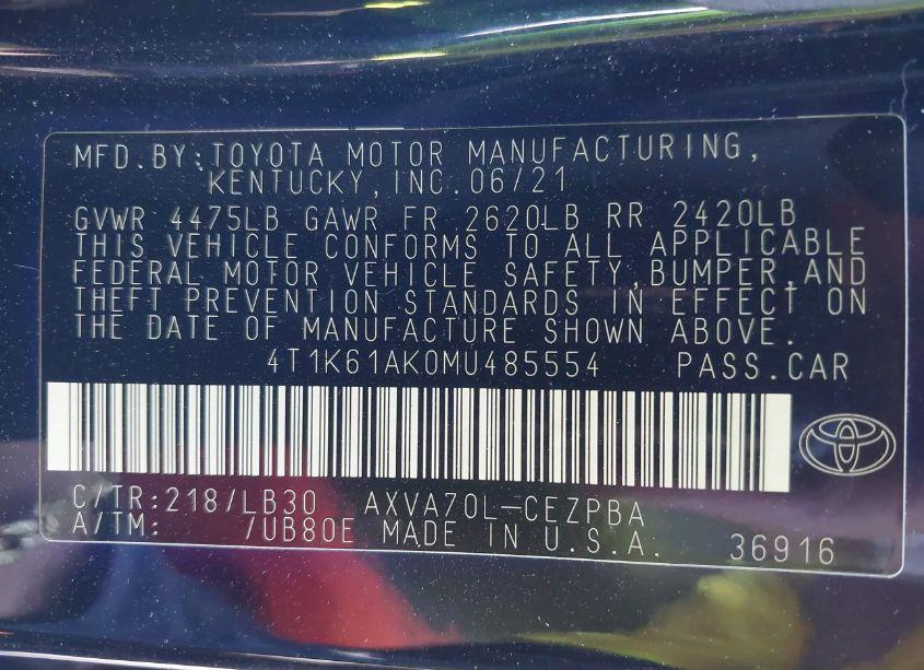 Photo 9 of 2021 Toyota Camry XSE (VIN 4T1K61AK0MU485554)