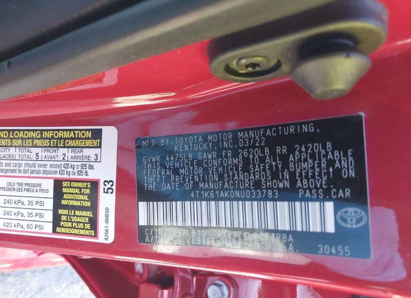 Photo 9 of 2022 Toyota Camry XSE (VIN 4T1K61AK0NU033783)