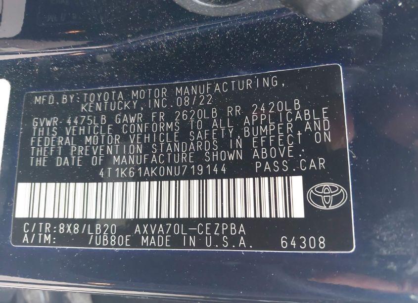 Photo 9 of 2022 Toyota Camry XSE (VIN 4T1K61AK0NU719144)