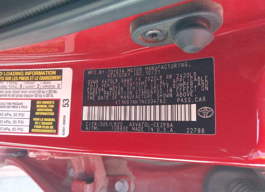 Photo 9 of 2022 Toyota Camry XSE (VIN 4T1K61AK1NU004762)