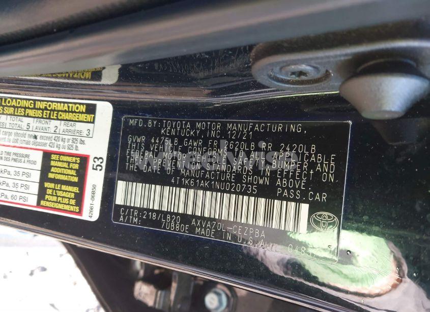 Photo 9 of 2022 Toyota Camry XSE (VIN 4T1K61AK1NU020735)