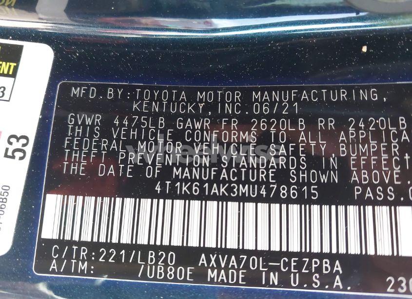 Photo 9 of 2021 Toyota Camry XSE (VIN 4T1K61AK3MU478615)