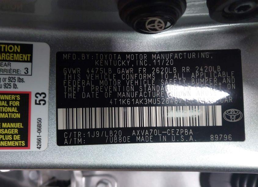 Photo 9 of 2021 Toyota Camry XSE (VIN 4T1K61AK3MU526467)