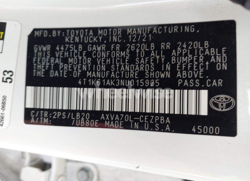 Photo 9 of 2022 Toyota Camry XSE (VIN 4T1K61AK3NU015925)