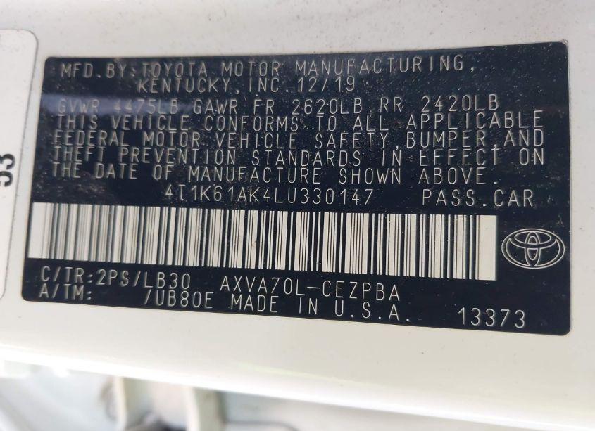 Photo 9 of 2020 Toyota Camry XSE (VIN 4T1K61AK4LU330147)