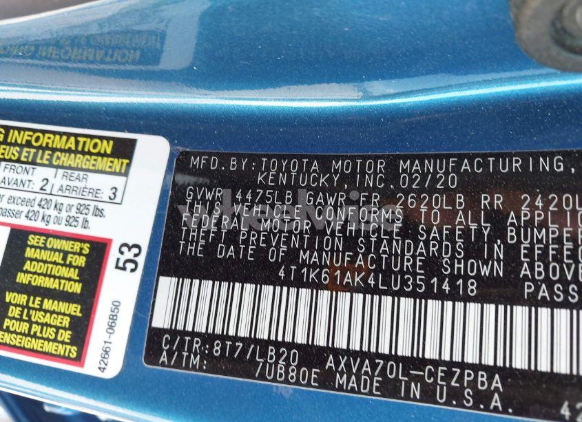 Photo 9 of 2020 Toyota Camry XSE (VIN 4T1K61AK4LU351418)