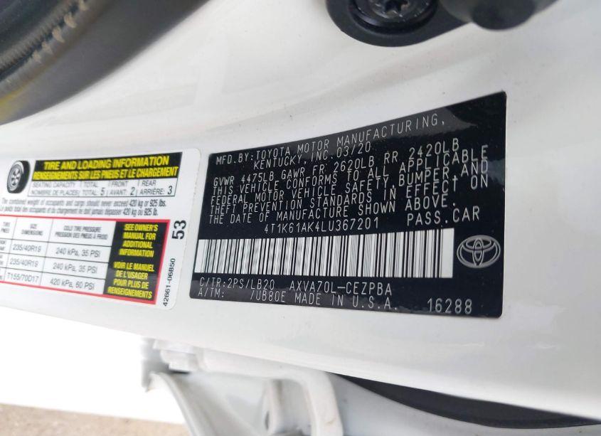 Photo 9 of 2020 Toyota Camry XSE (VIN 4T1K61AK4LU367201)