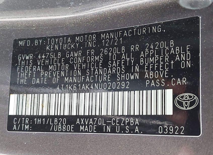 Photo 9 of 2022 Toyota Camry XSE (VIN 4T1K61AK4NU020292)