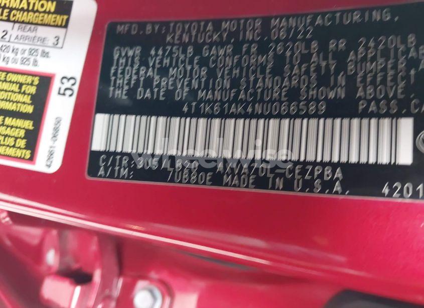 Photo 9 of 2022 Toyota Camry XSE (VIN 4T1K61AK4NU066589)