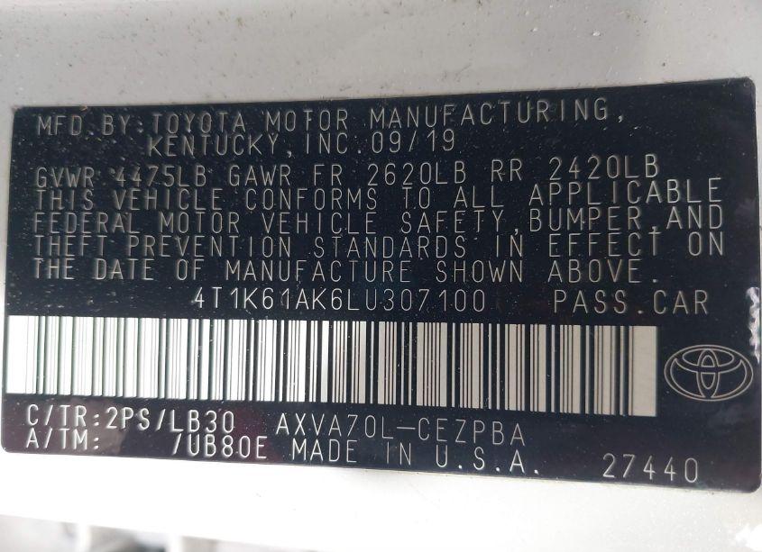 Photo 9 of 2020 Toyota Camry XSE (VIN 4T1K61AK6LU307100)