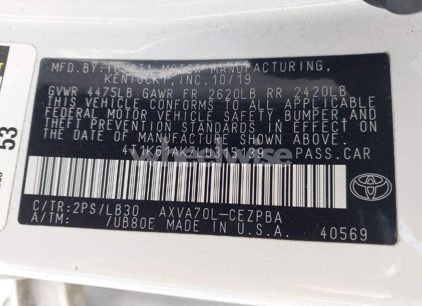 Photo 9 of 2020 Toyota Camry XSE (VIN 4T1K61AK7LU315139)