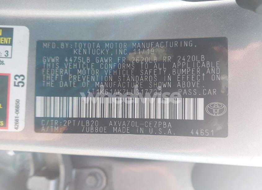 Photo 9 of 2020 Toyota Camry XSE (VIN 4T1K61AK7LU317733)