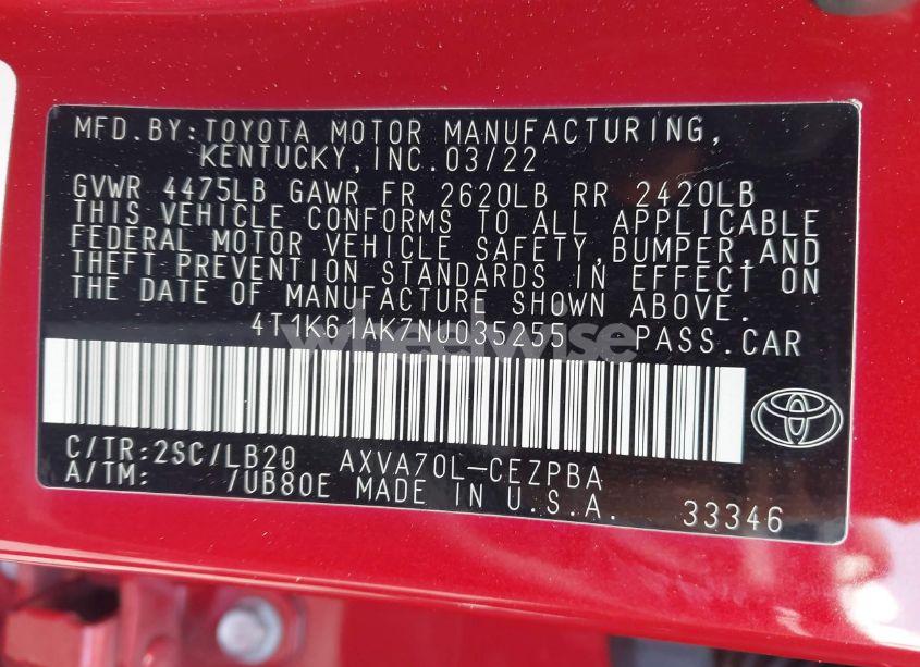 Photo 9 of 2022 Toyota Camry XSE (VIN 4T1K61AK7NU035255)