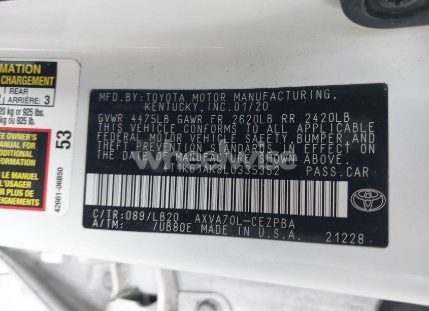 Photo 9 of 2020 Toyota Camry XSE (VIN 4T1K61AK8LU335352)