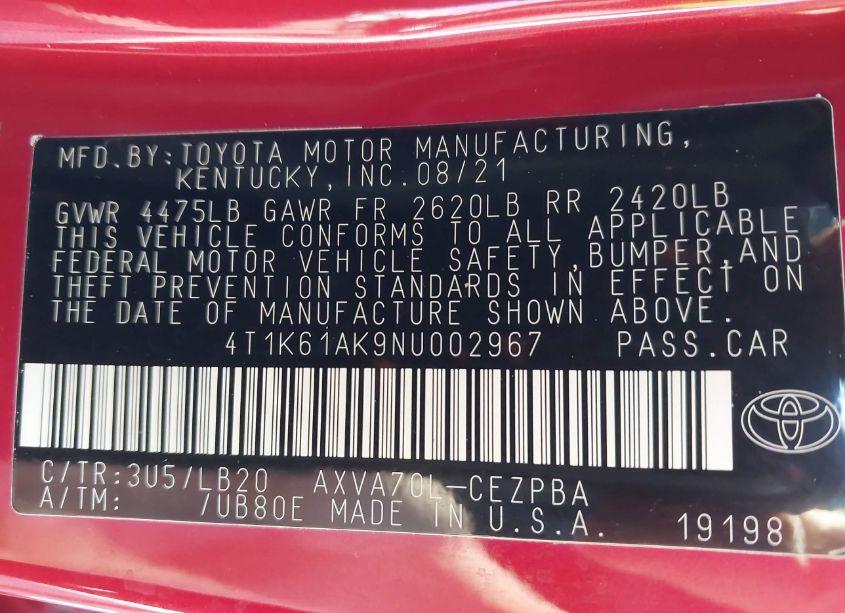 Photo 9 of 2022 Toyota Camry XSE (VIN 4T1K61AK9NU002967)