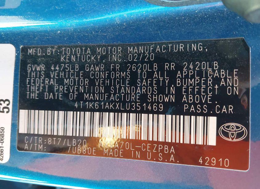 Photo 9 of 2020 Toyota Camry XSE (VIN 4T1K61AKXLU351469)