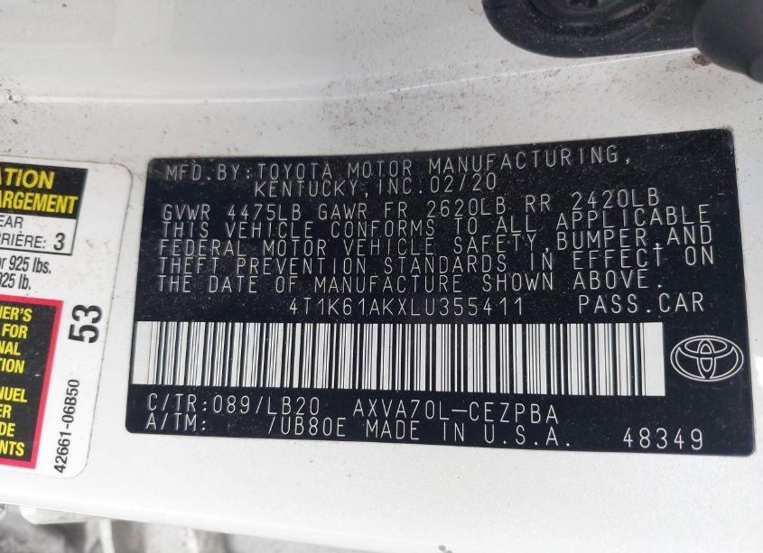 Photo 9 of 2020 Toyota Camry XSE (VIN 4T1K61AKXLU355411)