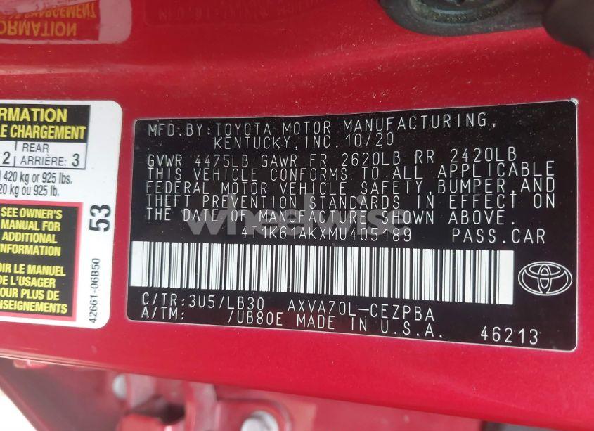 Photo 9 of 2021 Toyota Camry XSE (VIN 4T1K61AKXMU405189)