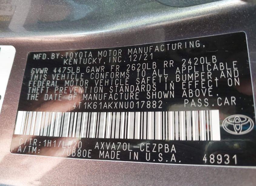 Photo 9 of 2022 Toyota Camry XSE (VIN 4T1K61AKXNU017882)