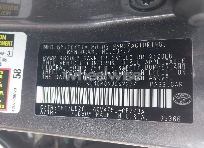 Photo 9 of 2022 Toyota Camry XSE AWD (VIN 4T1K61BK0NU062277)