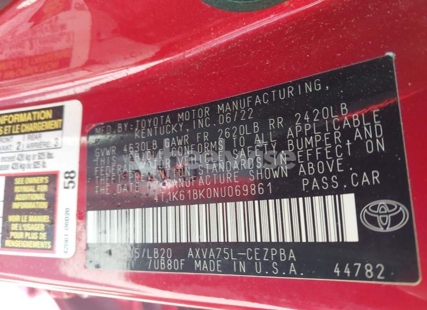 Photo 7 of 2022 Toyota Camry XSE AWD (VIN 4T1K61BK0NU069861)