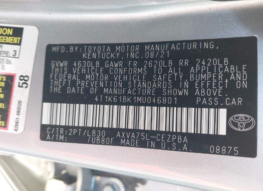 Photo 9 of 2021 Toyota Camry XSE AWD (VIN 4T1K61BK1MU046801)