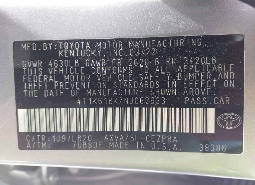 Photo 9 of 2022 Toyota Camry XSE AWD (VIN 4T1K61BK7NU062633)