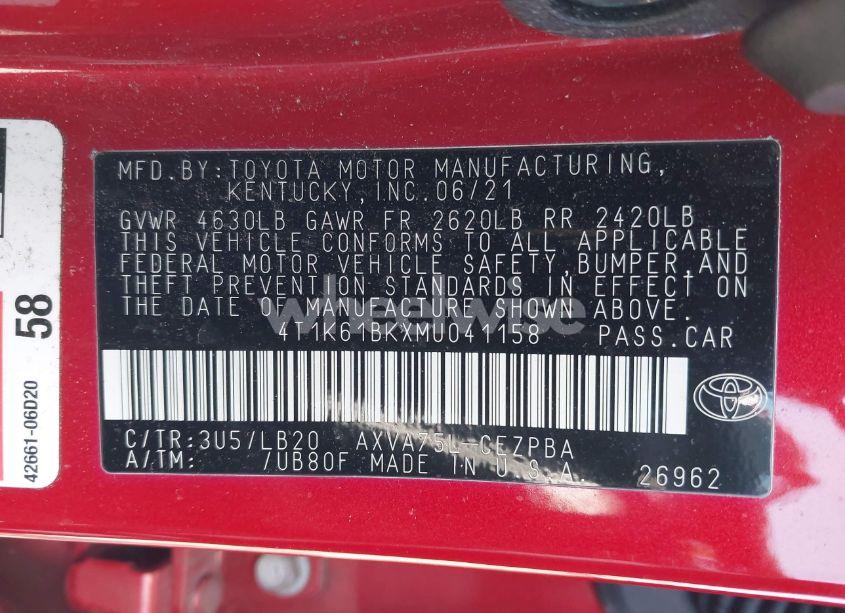 Photo 9 of 2021 Toyota Camry XSE AWD (VIN 4T1K61BKXMU041158)
