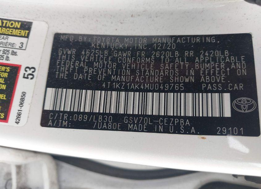 Photo 9 of 2021 Toyota Camry TRD/XSE (VIN 4T1KZ1AK4MU049765)