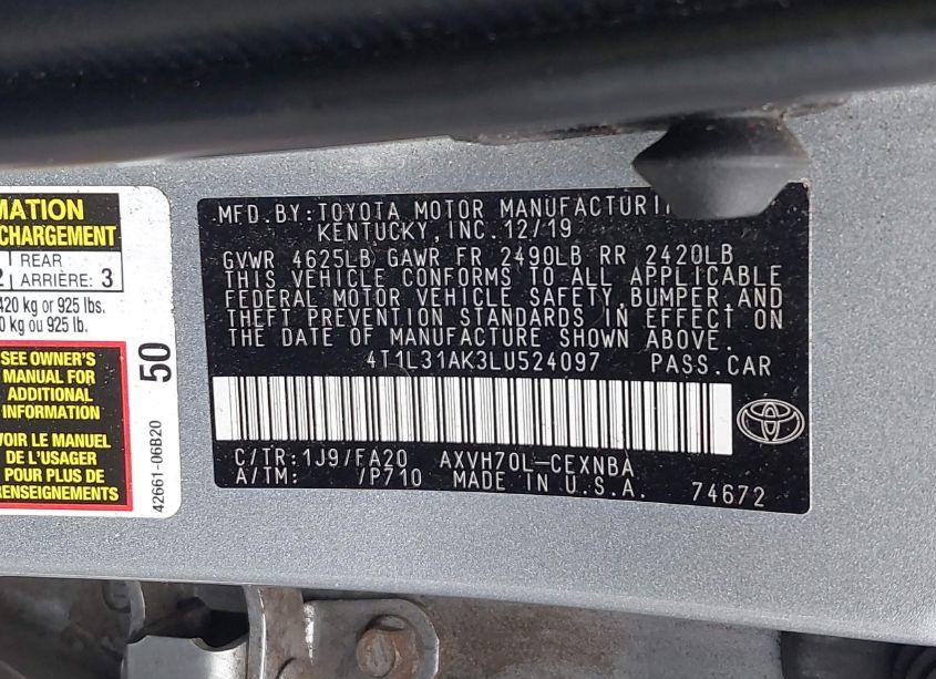 Photo 9 of 2020 Toyota Camry LE HYBRID (VIN 4T1L31AK3LU524097)
