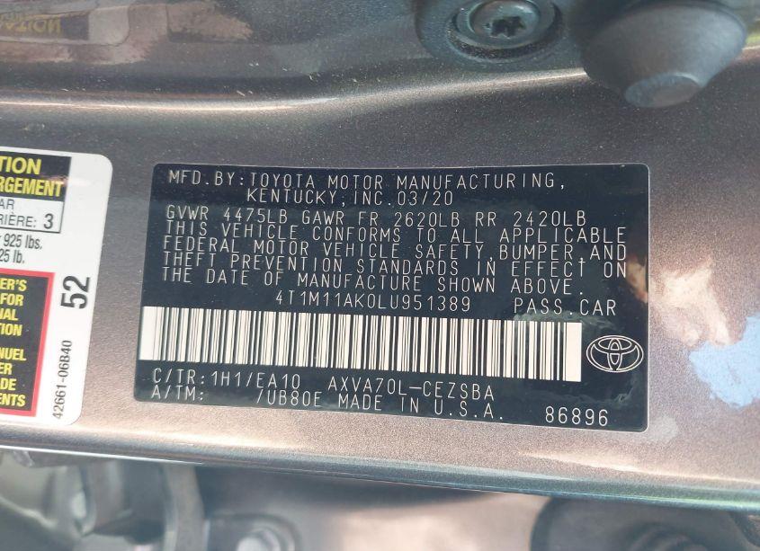 Photo 9 of 2020 Toyota Camry SE (VIN 4T1M11AK0LU951389)
