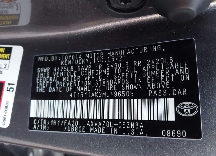 Photo 9 of 2021 Toyota Camry LE (VIN 4T1R11AK2MU496505)