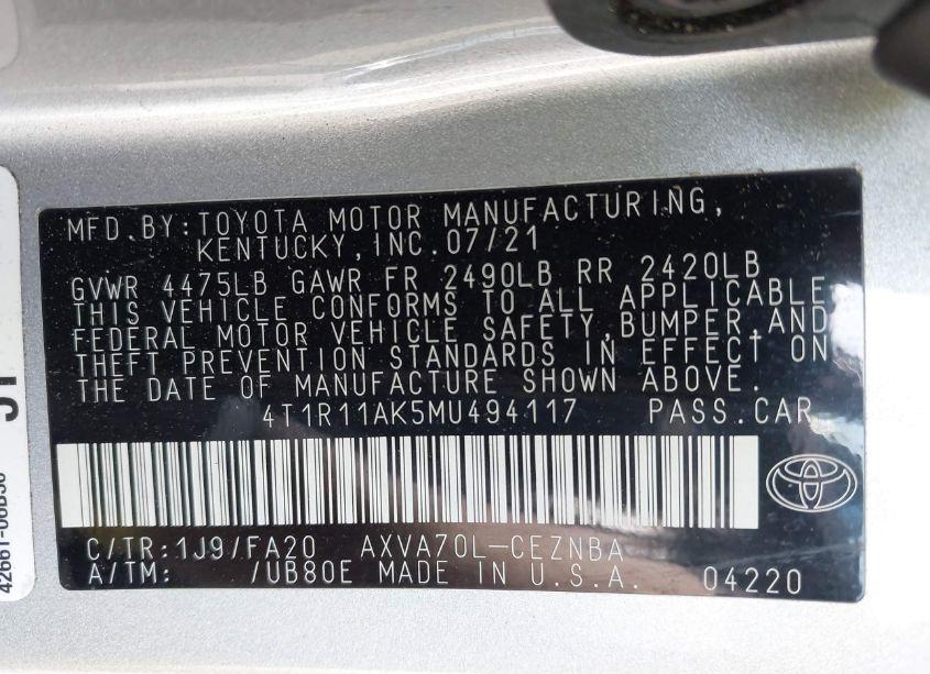 Photo 9 of 2021 Toyota Camry LE (VIN 4T1R11AK5MU494117)