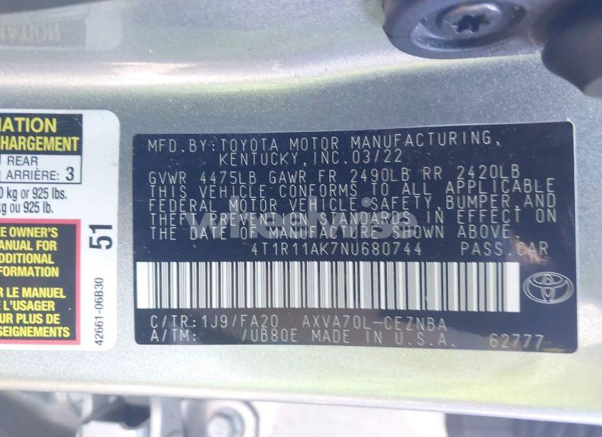 Photo 9 of 2022 Toyota Camry LE (VIN 4T1R11AK7NU680744)