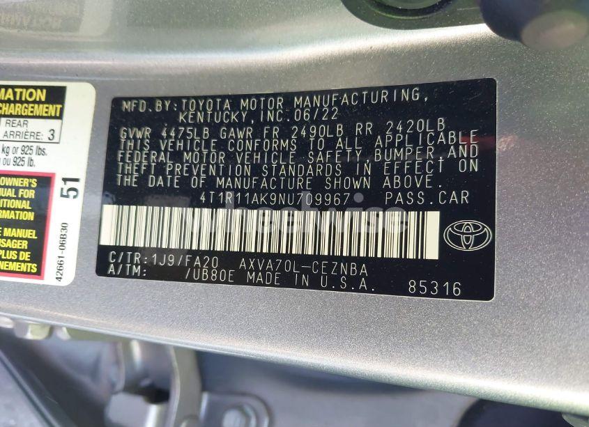 Photo 9 of 2022 Toyota Camry LE (VIN 4T1R11AK9NU709967)