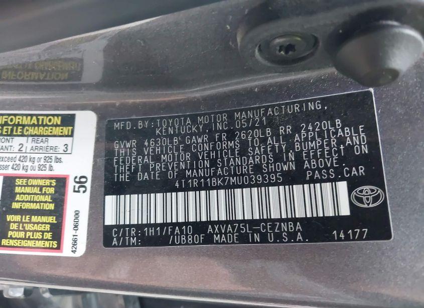 Photo 9 of 2021 Toyota Camry LE AWD (VIN 4T1R11BK7MU039395)