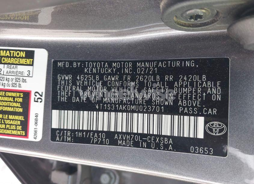 Photo 9 of 2021 Toyota Camry SE HYBRID (VIN 4T1S31AK0MU023701)