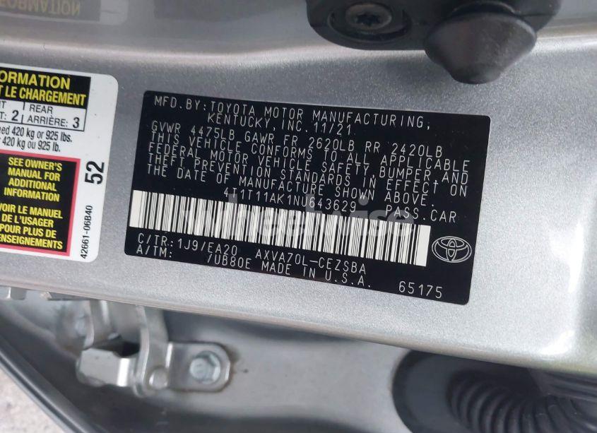 Photo 9 of 2022 Toyota Camry SE (VIN 4T1T11AK1NU643629)