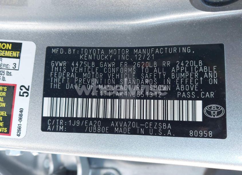 Photo 9 of 2022 Toyota Camry SE (VIN 4T1T11AK1NU651312)