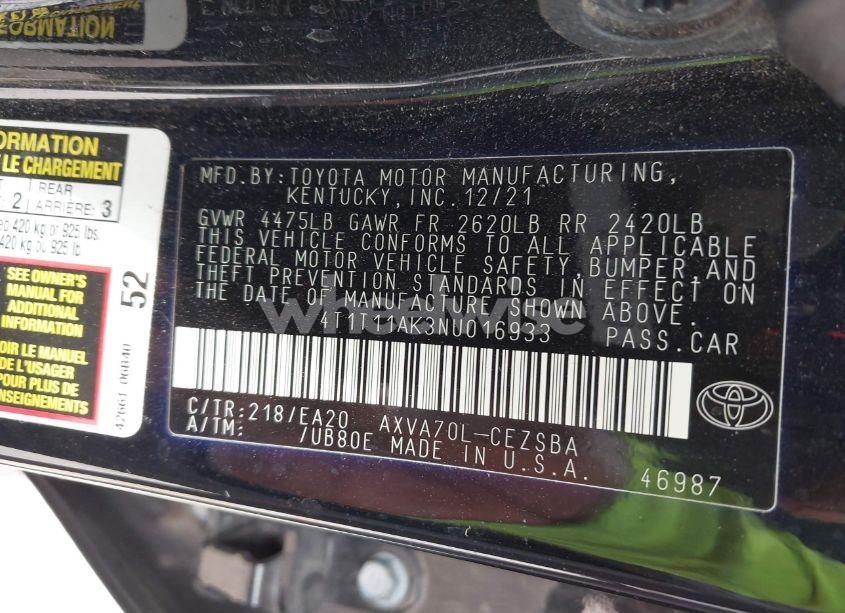 Photo 9 of 2022 Toyota Camry SE (VIN 4T1T11AK3NU016933)