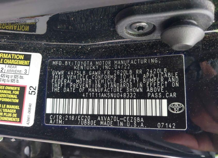 Photo 9 of 2022 Toyota Camry SE NIGHTSHADE EDITION (VIN 4T1T11AK5NU048332)
