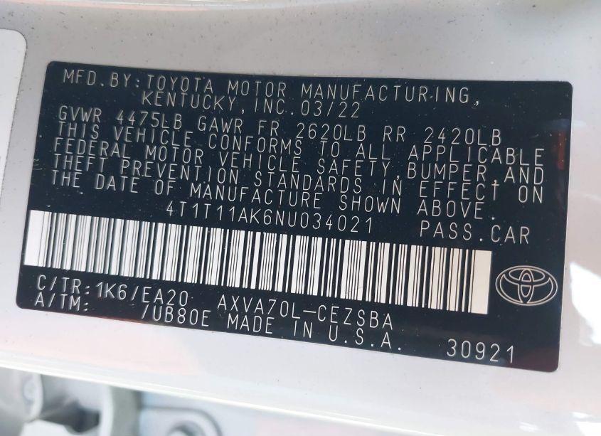 Photo 9 of 2022 Toyota Camry SE (VIN 4T1T11AK6NU034021)