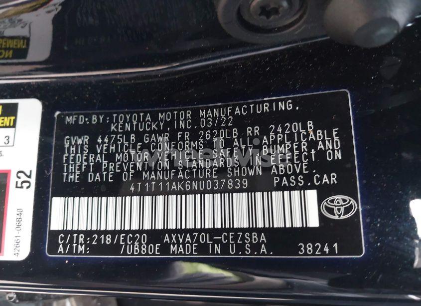 Photo 9 of 2022 Toyota Camry SE NIGHTSHADE EDITION (VIN 4T1T11AK6NU037839)