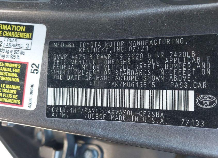 Photo 9 of 2021 Toyota Camry SE (VIN 4T1T11AK7MU613615)