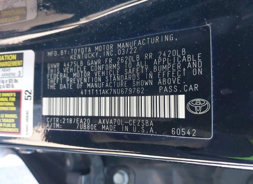 Photo 9 of 2022 Toyota Camry SE (VIN 4T1T11AK7NU679762)