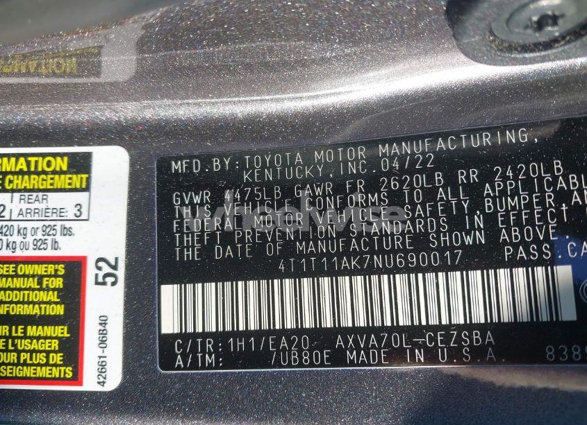 Photo 9 of 2022 Toyota Camry SE (VIN 4T1T11AK7NU690017)
