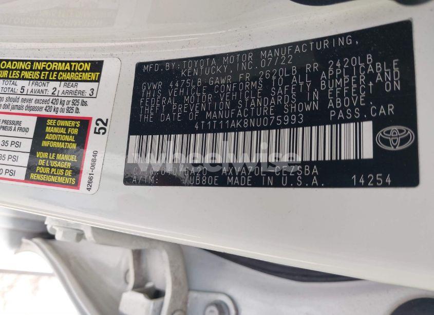 Photo 9 of 2022 Toyota Camry SE (VIN 4T1T11AK8NU075993)