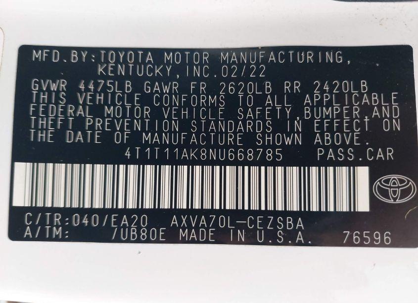 Photo 9 of 2022 Toyota Camry SE (VIN 4T1T11AK8NU668785)