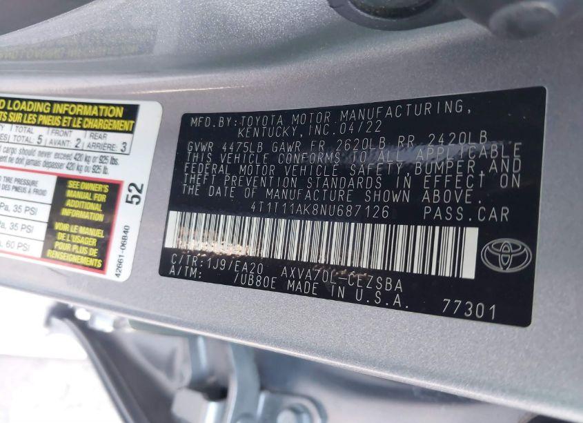 Photo 9 of 2022 Toyota Camry SE (VIN 4T1T11AK8NU687126)